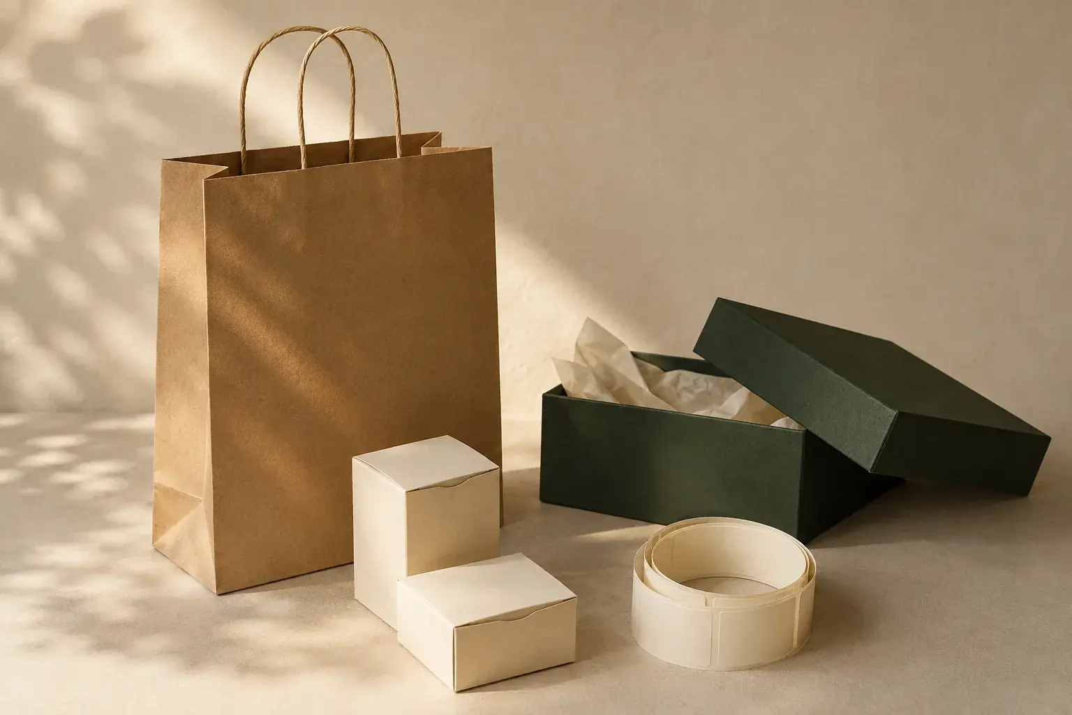 Photorealistic unbranded custom packaging and material sample arrangement